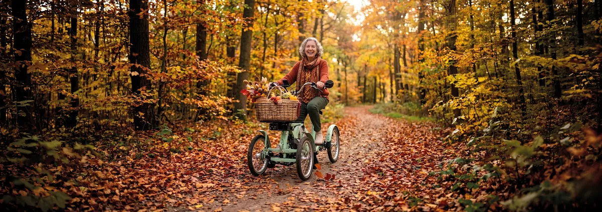 Een vrouw op een lichtgroene vierwielfiets op een bospad met herfstbladeren.